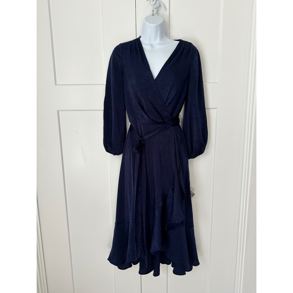Gal Meets Glam Jennifer Navy Shimmer Satin Wrap Dress Ruffle Hem L/S Midi